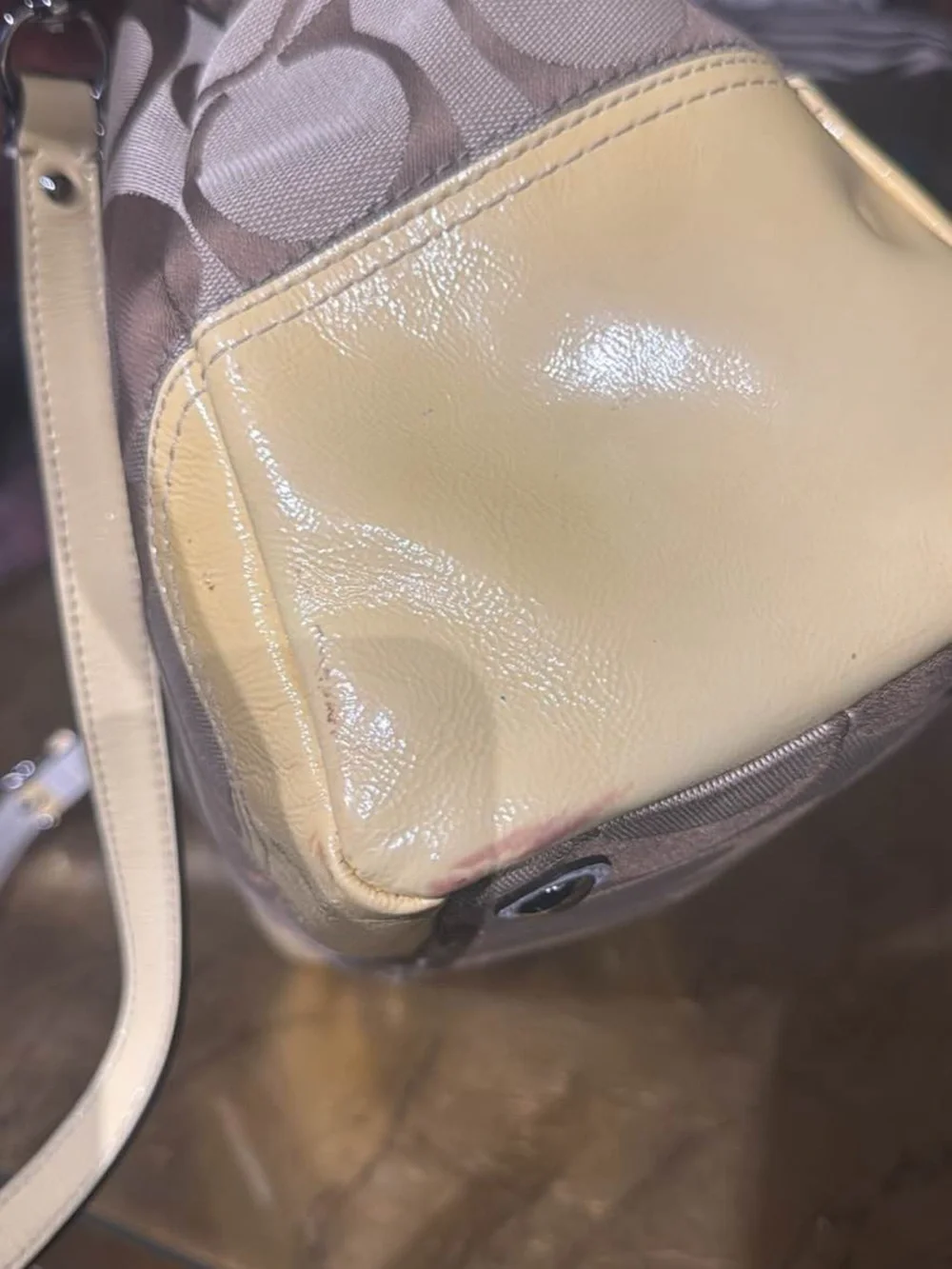 Coach Signature Satchel with Yellow Leather Trim and White Strap